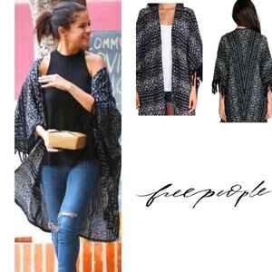Free People Black & White Patterned Fringe Kimono Cardigan Wrap Sweater